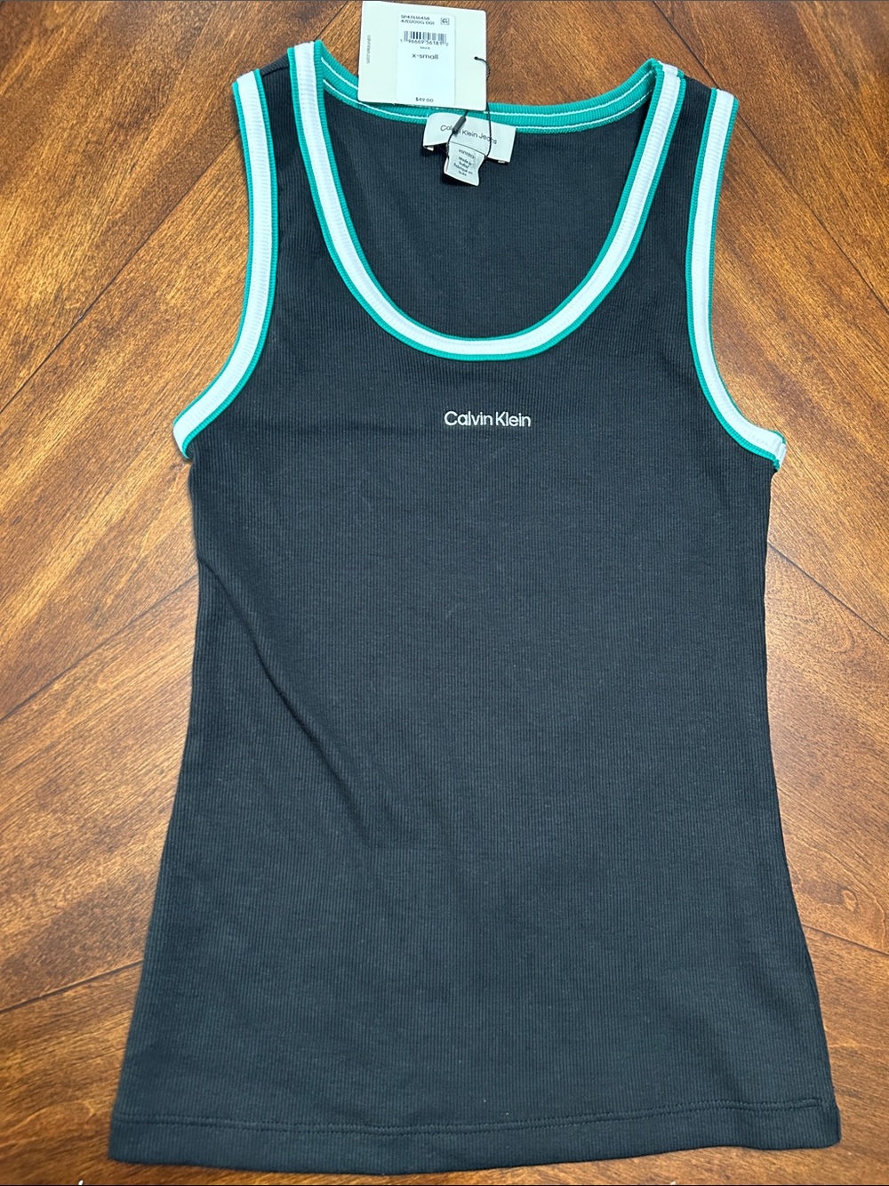 Calvin Klein Black Ribbed Tank Black with Teal and White Trim